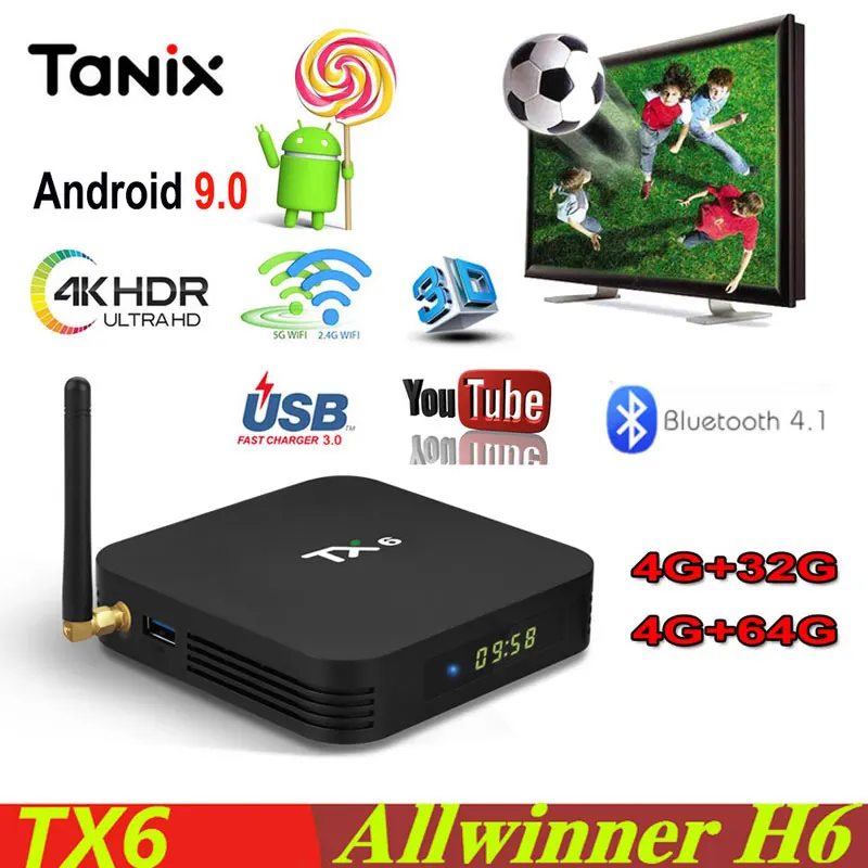 Android TV box TX6 Android 9,0, 4 Гб оперативной памяти, 32 Гб встроенной памяти, 64 ГБ 2,4/Wi-Fi 5 ГГц 4 K 1080 P BT4.1 поддержка IPTV Youtube USB3.0 Media Player h96 max x2 TX6