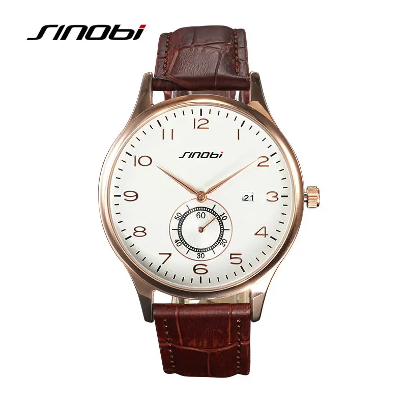 

SINOBI Men's Gold Wrist Watches Analog Dial Brown Leather Strap Top Luxury Brand Geneva Calendar Business Quartz Watch For Men