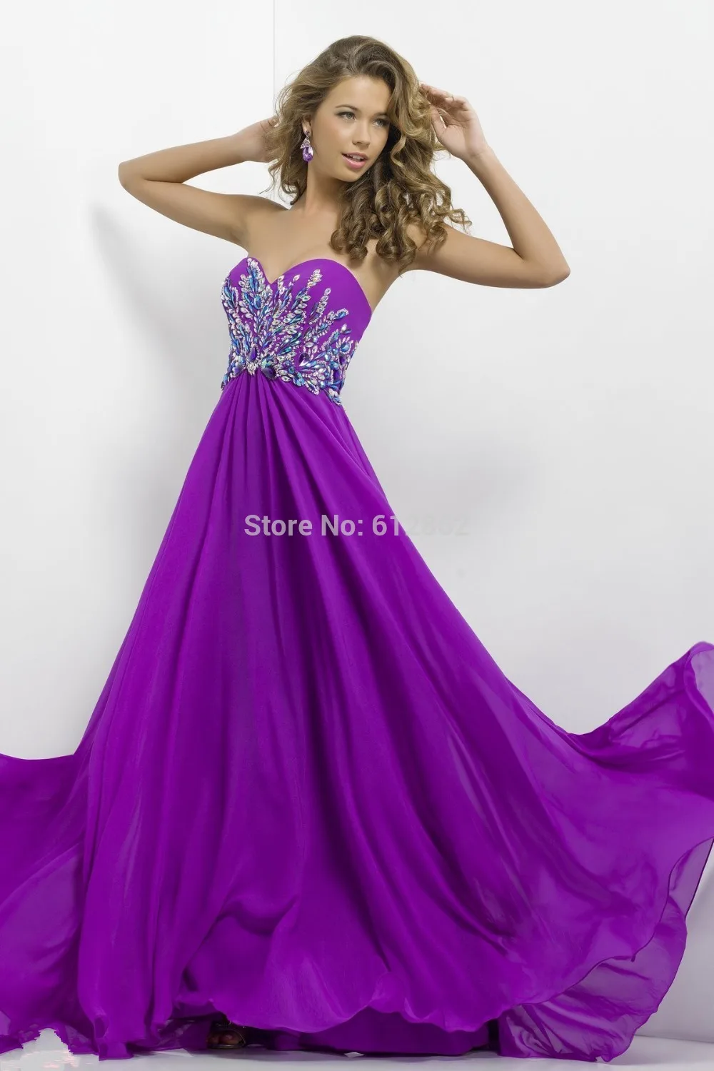 Elegant Strapless Crystals Corset Chiffon Long Evening Dress Purple