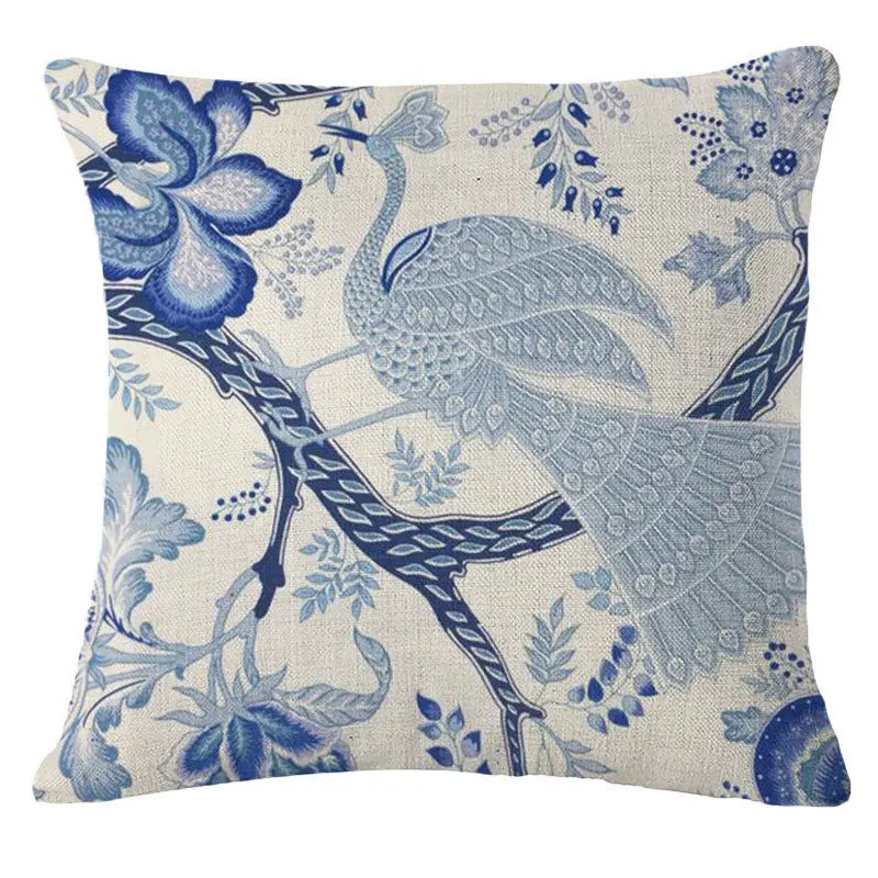 Chinese Style Vintage Blue Flowers Series Cushion Cover Cotton Linen Throw Pillow Case for Home Bedroom Decoration Pillowcase
