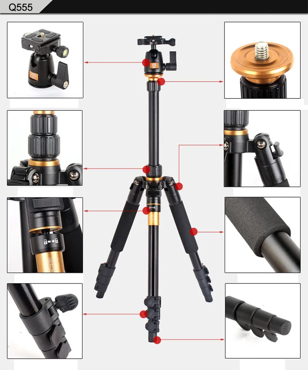 Q555 Профессиональный портативный алюминиевый штатив монопод с шаровой головкой для DSLR камеры двойной осевой штатив для камеры+ сумка для штатива