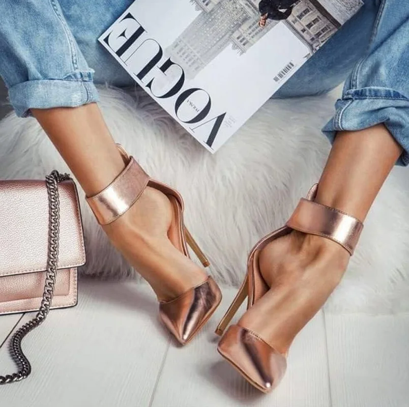 

New patent leather women pumps stiletto high heels pointed toe gold party wedding shoes ladies sexy ankle strap sandals zapatos
