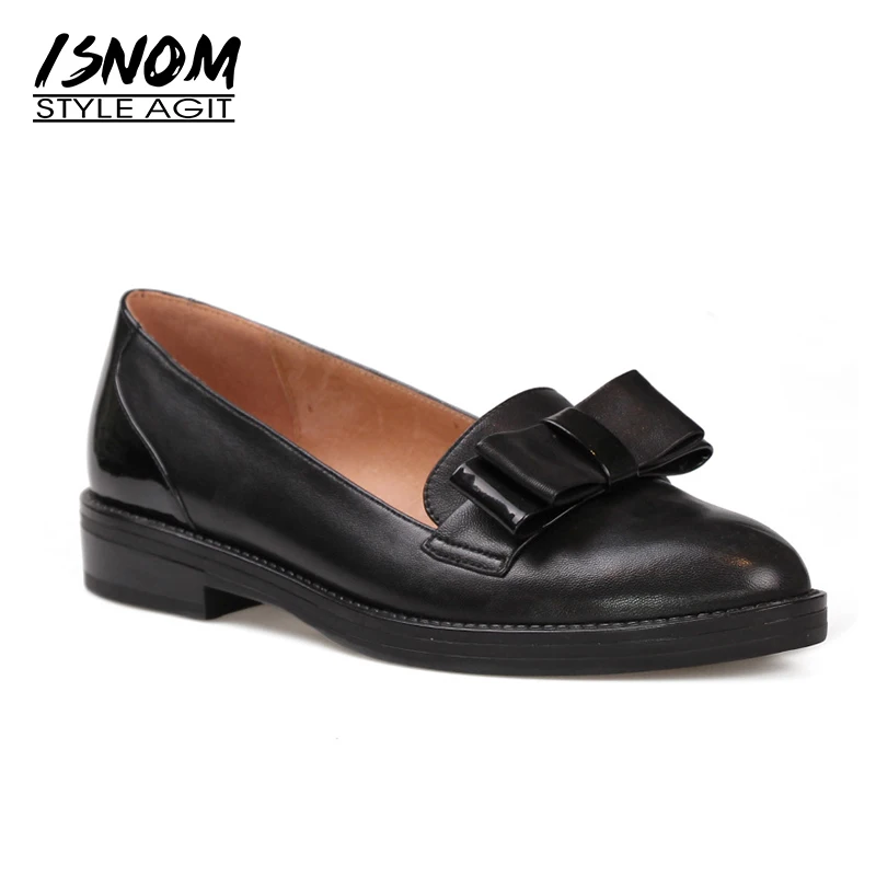 

ISNOM 2018 Genuine Leather Casual Women Flats Round Toe Butterfly Knot Flat Sole Shoes Leather Footwear Girl Casual Shoes Ladies