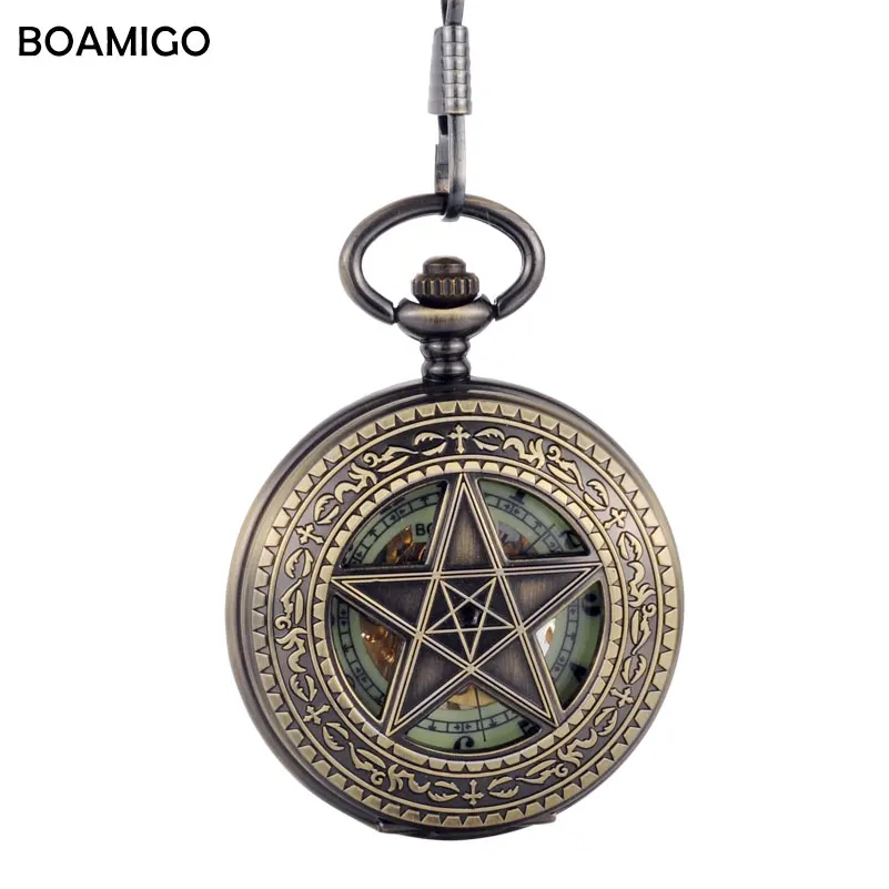FOB, мужские карманные часы, антикварные механические часы, BOAMIGO, скелет, римские цифры, часы, медная звезда, дизайнерские часы, reloj hombre - Цвет: copper