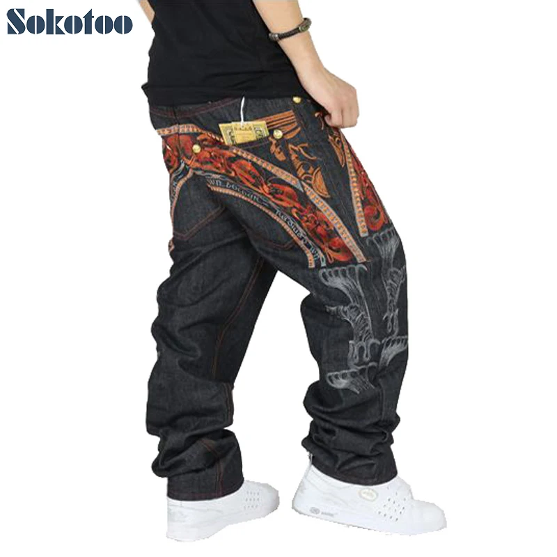ФОТО Sokotoo Men's hiphop jeans cool men's personality embroidery loose pants denim long trousers male fashion hip hop jeans