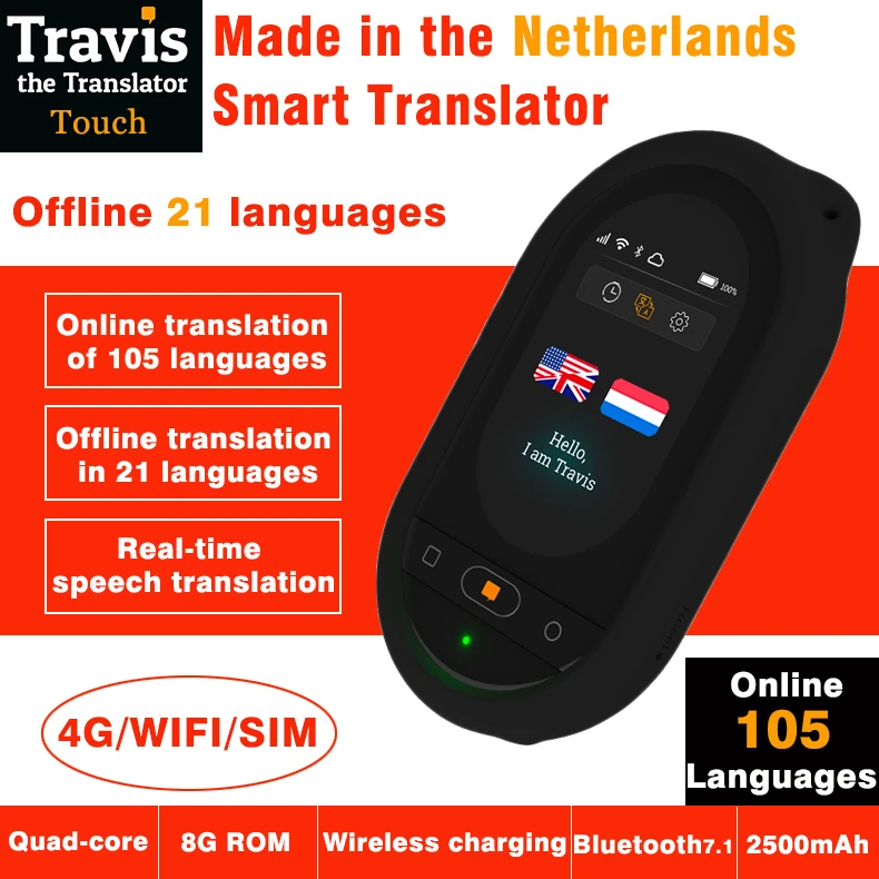 

Travis new version voice translator 155 languages touch screen offline online translation Wifi Bluetooth 4G smart translator