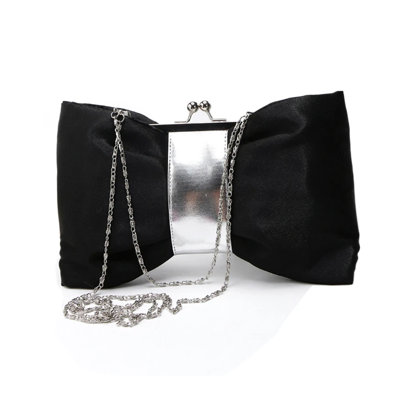 Aelicy, женская вечерняя сумочка, атласный клатч, Женская сумочка, тонкая сумка на плечо с цепочками, дизайнерская сумка через плечо с бантом - Цвет: BK
