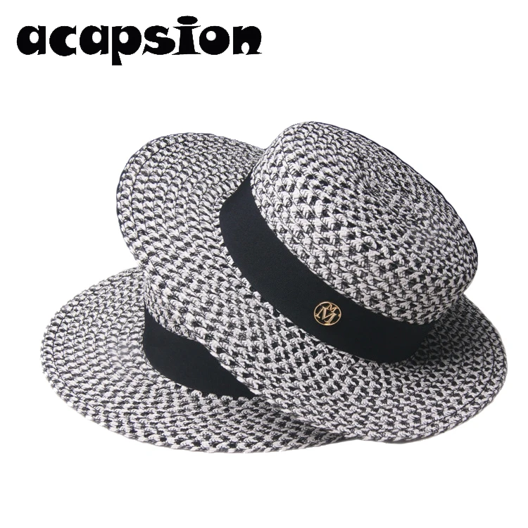 

Acapsion Black White Houndstooth Straw Hat Letter M Large Brim Flat Panama Jazz Cap Beach Sun Hats For Women Chapeau Feminino