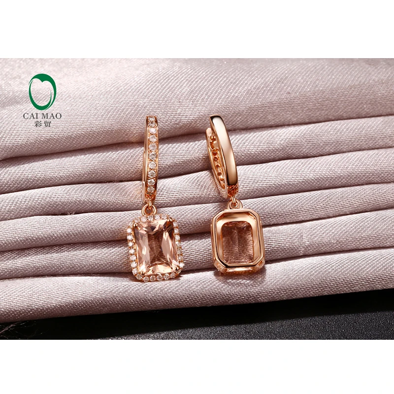 Caimao 2.77ct Morganite Diamond Drop Dangle Earrings Real 14kt Rose Gold