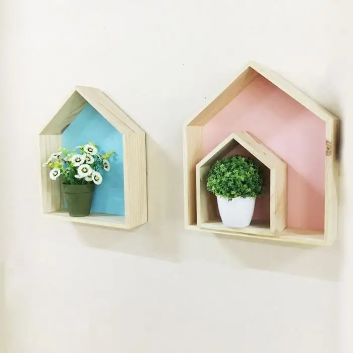 2 Pcs House Shape Wall Storage Rack Wooden Display Shelf Hanging Clapboard Kids Room Home Decoration PAK55