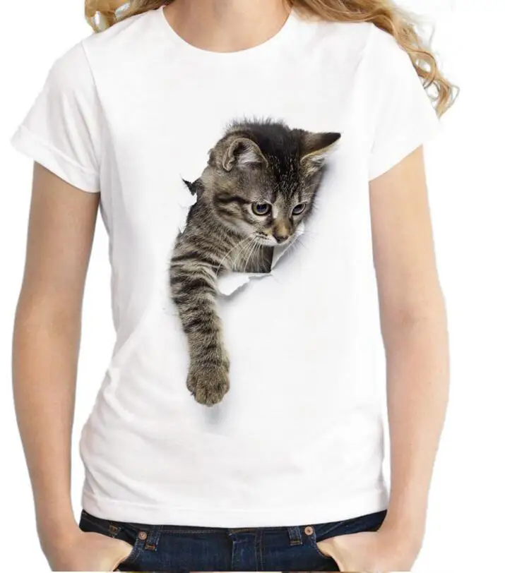

Hole in the cat T Shirt Women Printing Originality Plus Size Short Sleeve T-shirt Tops Tee bts