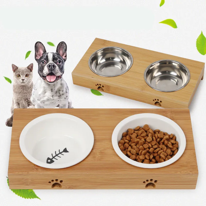 

Hot Sale Dog Feeders Bowl Elevated Dog Cat Bowl Bamboo Tableware Ceramic and Stainless Steel Double Mouth Pet Feeder