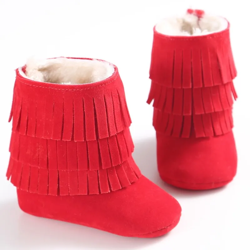 Обувь для маленьких девочек; теплые ботинки для новорожденных с кисточками; яркие цвета; зимние ботинки для малышей; однотонные модные ботинки с бахромой; зимняя теплая обувь - Цвет: Red