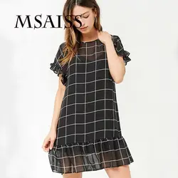 MSAISS лето Черно-белые квадраты шифон Для женщин Волан Fress Свободные леди платье Для женщин Cestidos