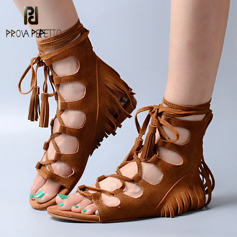 

Prova Perfetto Fashion Rome Style Hollow Out Cow Suede Leather Woman Sandals Open Toe Fringe Flat Bottom Ankle Lace Up Sandals