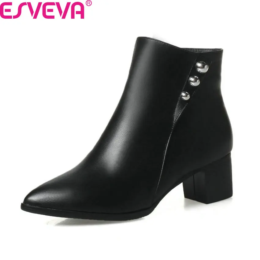 

ESVEVA 2018 Women Boots 3 Color Western Style Ankle Boots PU Solid Square Med Heels Zipper Pointed Toe Ladies Boots Size 34-43