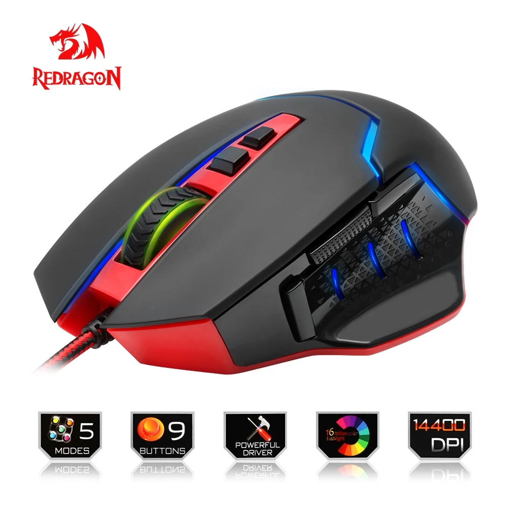 Redragon USB Gaming Mouse 14400 DPI 9 buttons ergonomic design for desktop computer accessories programmable Mice gamer lol PC Redragon USB Gaming Mouse 14400 DPI 9 buttons ergonomic design for desktop computer accessories programmable Mice gamer lol PC