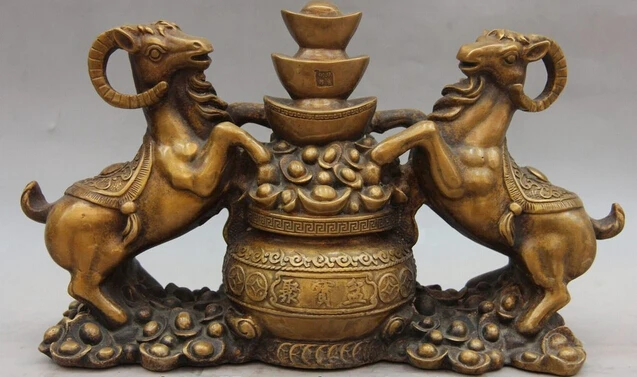 

wholesale factory China Folk Bronze Copper Fengshui Yuanbao Wealth Treasure Bowl Sheep Goat Statue