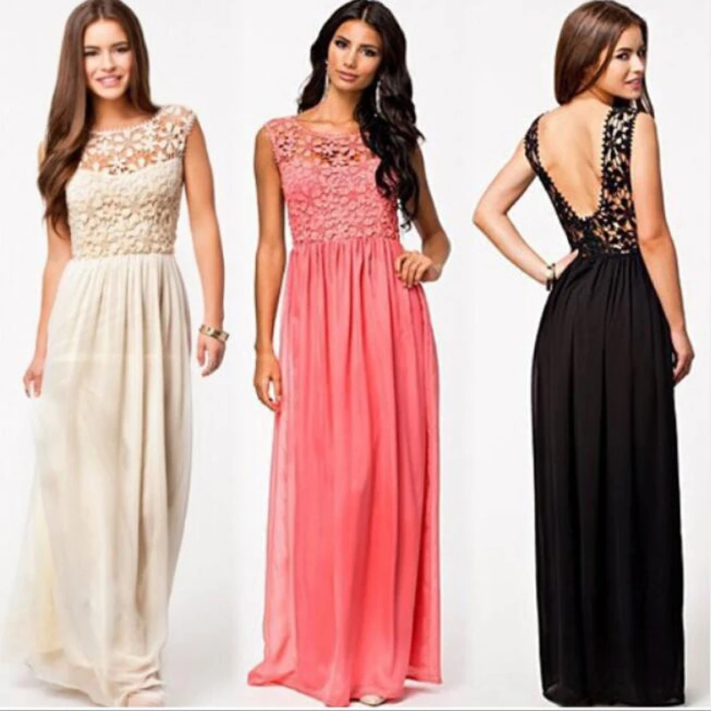 

Hot Sell Women Summer Sleeveless White Top Crochet Sexy Lace Chiffon Maxi Dress Vestidos free shipping