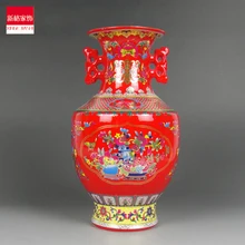 Jingdezhen ceramics enamel vase Jin Zhongping ears red festive Home Furnishing decoration design the opening of jingdezhen high grade gift inscription hand painted ceramic vase decoration decoration design home furnishing liv