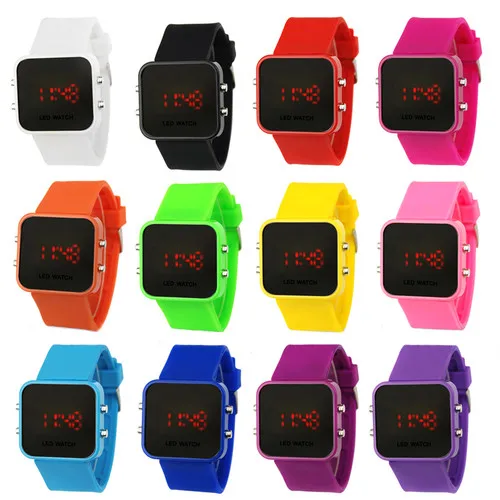 

Fashion LED Watch 12 Colors Unisex Sports Watches LED Mirror Watch Women Display Silicone Watches Men Wristwatches 100pcs/lot