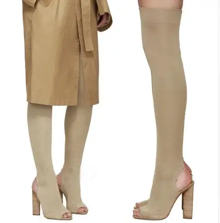 Sexy Peep toe Long Slim Leg Thigh Boots Knitted Stretch Fabric Square High Heel Women Over Knee Slingback Socks Botas Shoes