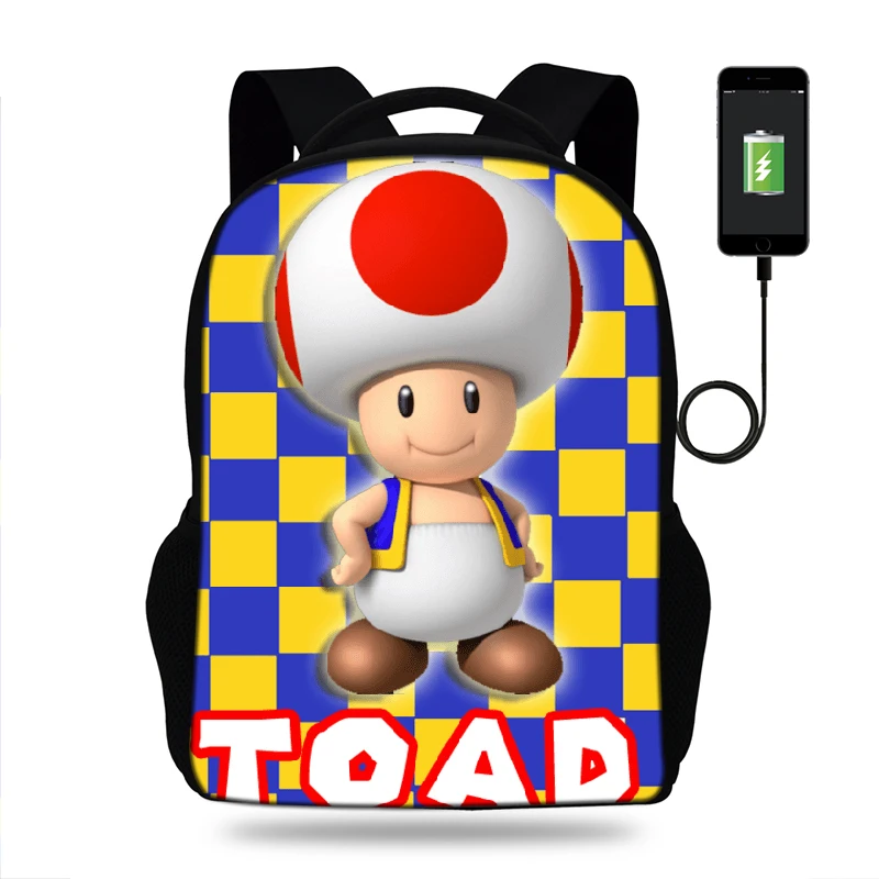 

Cartoon Toad Mario Print Backpack SchoolBags for girls boys teenager orthopedic school bag packbags mochila Usb Charge bookBag