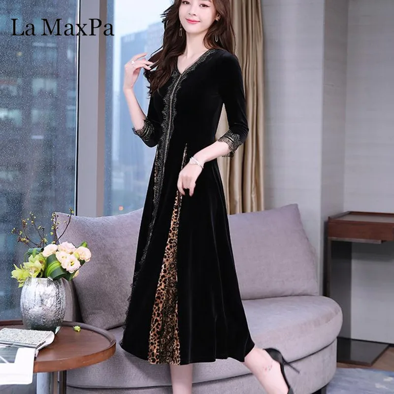 

Autumn Winter New Long Sleeve Leopard Print Dresses A-line Women Velvet Dresses Gold Fashion Dress V Neck Elegant Dresses