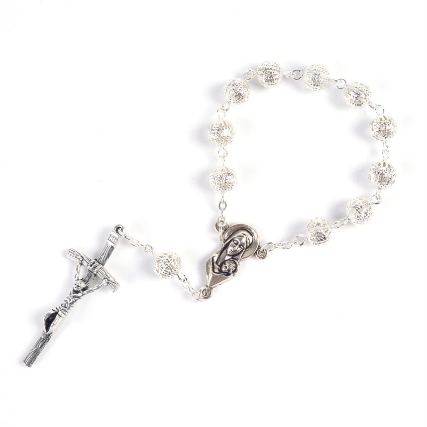 

Trendy Religious Silver Plated Round Iron Beads Decade Rosary Madonna With Child Jesus