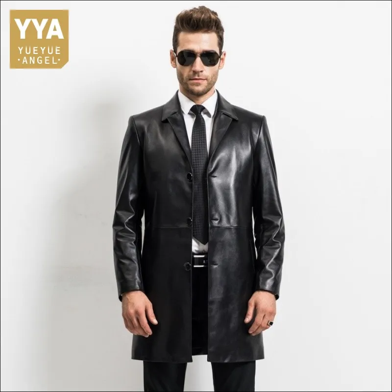 Mens Genuine Leather Jacket Spring Autumn Business Formal Long Coats