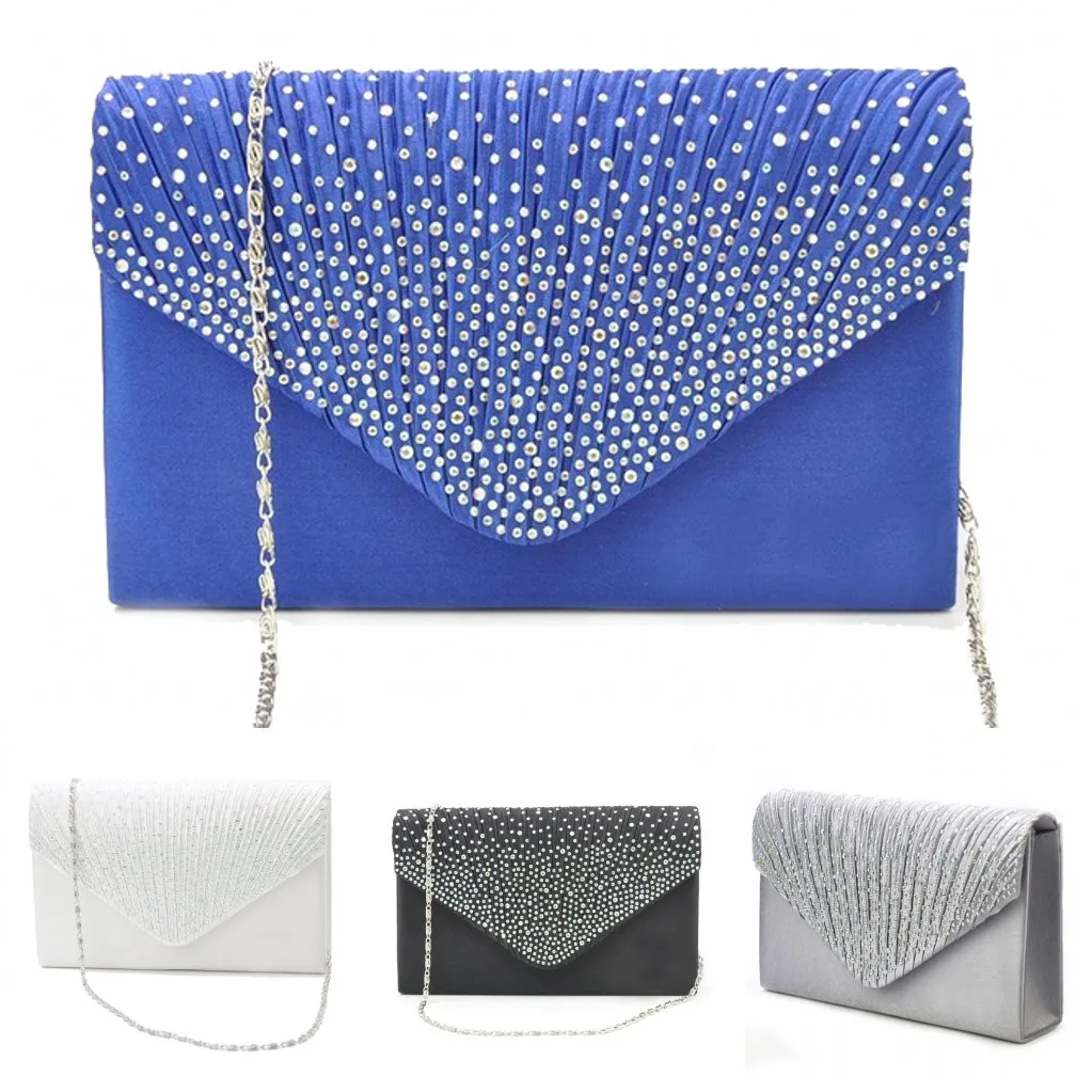

Womens Silk face Diamond Clutches Shoulder Bag Evening Bridal Prom Satchel Chain Elegant Handbag(Navy blue,Silver,Black)