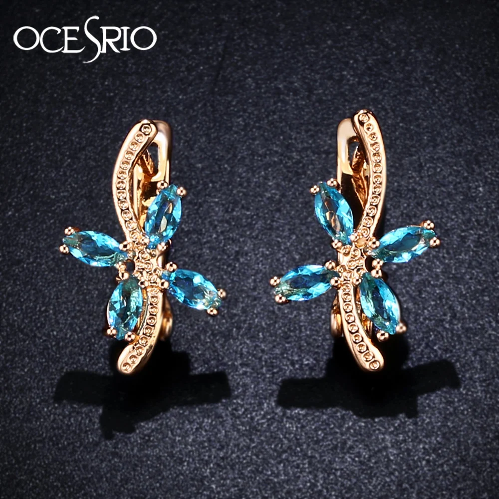 

OCESRIO Korean Fashion Blue Zircon Leaves Earrings Gold 585 Flower 585 Rose Gold Earrings for Women Jewelry Accessories ers-j54