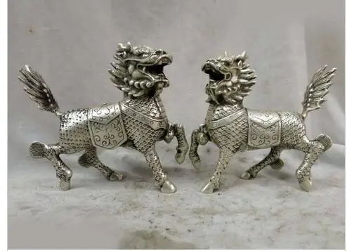 

decoration copper silver factory 6" China silver finely carved Foo Dogs Lions kylins pair Sculpture Statues