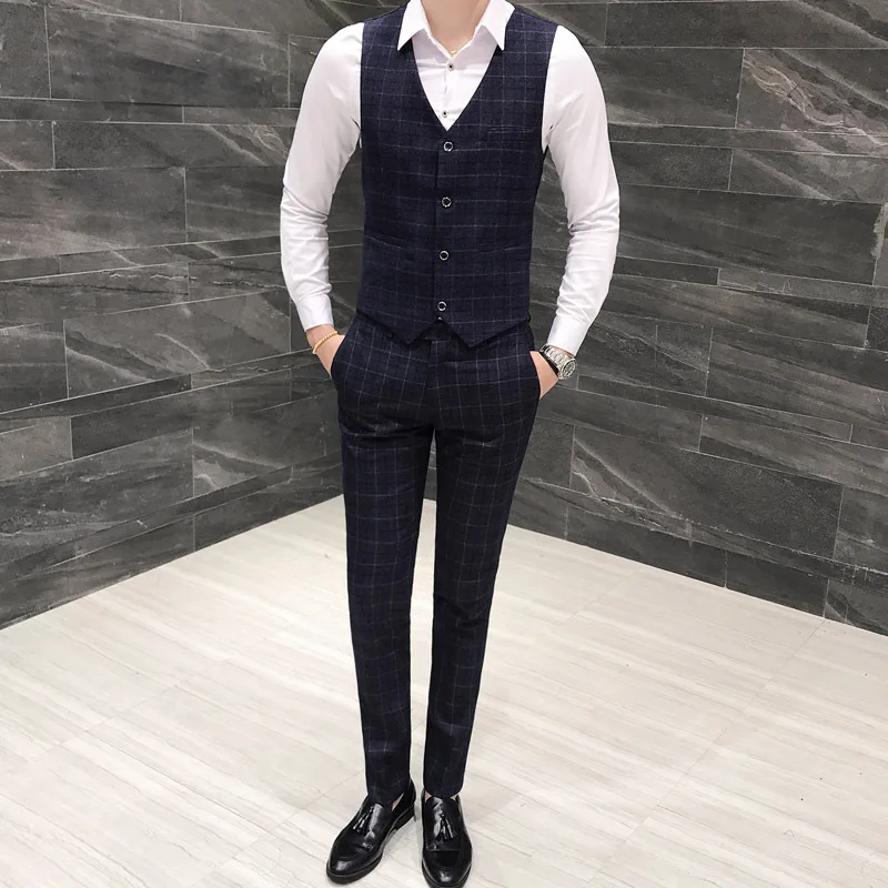 Костюм De Mariage Homme мужской тонкий клетчатый деловой повседневный костюм комплекты куртка блейзеры пальто брюки жилеты
