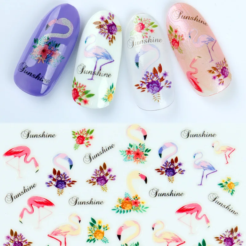 

Waterproof Ultra-thin 3D Nail Sticker Flamingo Colorful Flower Sunshine Adhesive Nail Art Sticker