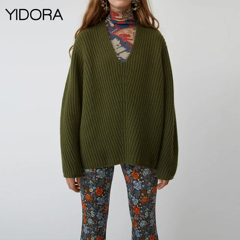 

Wool 100% Oversized Loose V Neck Knitted Pullover Sweater - Fall/Winter 2018 Warmer Women High-end Beige/Dark Green Knit Sweater