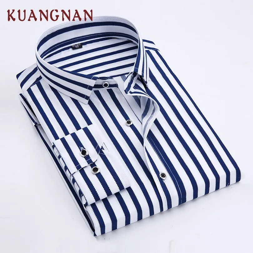 

KUANGNAN Striped Smart Men Shirt Long Sleeve Casual Slim Fit Streetwear Men Shirt Man Cotton Striped Shirt Men Clothes 2019 New