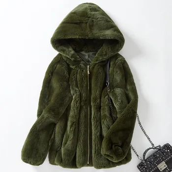 

2019 winter new rabbit fur grass coat whole rex rabbit fur women's short zipper fashion with hooded rabbit fur coat