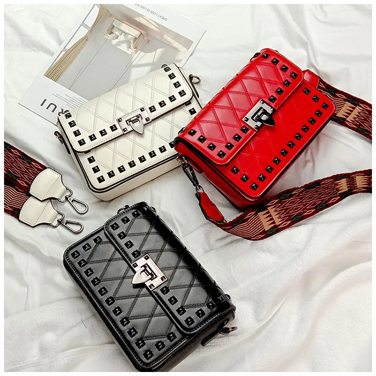 Women's Fashion Rivets Crossbody bag Luxury Brand PU leather Shoulder Bags Female Red Punk Style Wide Strap Street Handbag Purse (14)