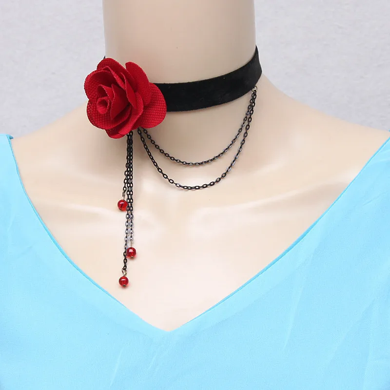 Сексуальные Чокеры в готическом стиле, черный кружевной воротник, ожерелье-чокер, красный цветок, викторианский женский чокер, стимпанк, ювелирное изделие, распродажа - Окраска металла: Red  black