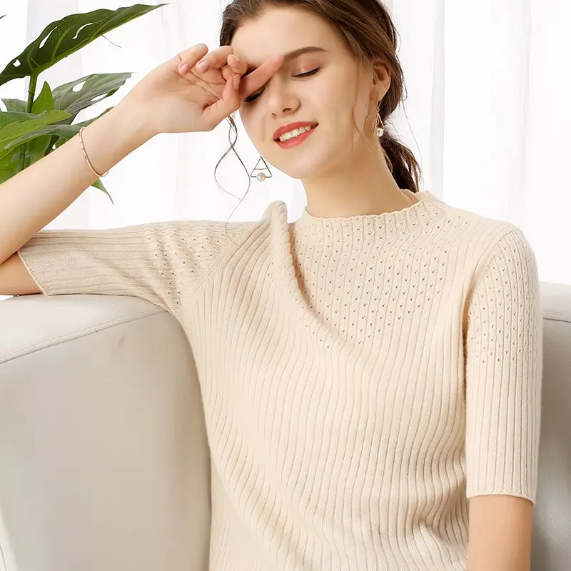 Женский кашемировый вязаный пуловер с круглым вырезом и коротким рукавом, модный свитер с вырезами, джемпер, футболка,, весна 9201 - Цвет: Cream