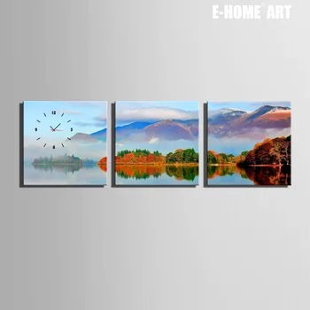 

Free Shipping E-HOME Snow Capped Mountains And Lakes Clock in Canvas 3pcs wall clock
