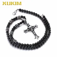 RP107 Xukim Jewelry Beaded Chain Skull Cross Pendant Stainless steel Religion Pendant Necklace rp114 xukim jewelry bible jesus cross stainless steel religion pendant necklace