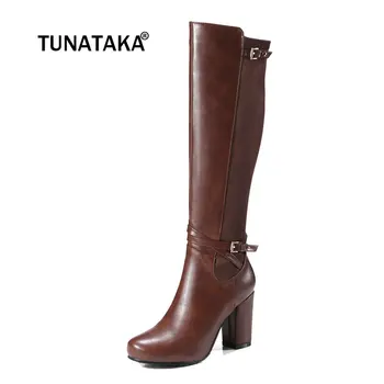 

For Ladies Thick High Heel Side Zipper Knee High Boots Fashion Buckle Round Toe Winter Shoes Black Brown