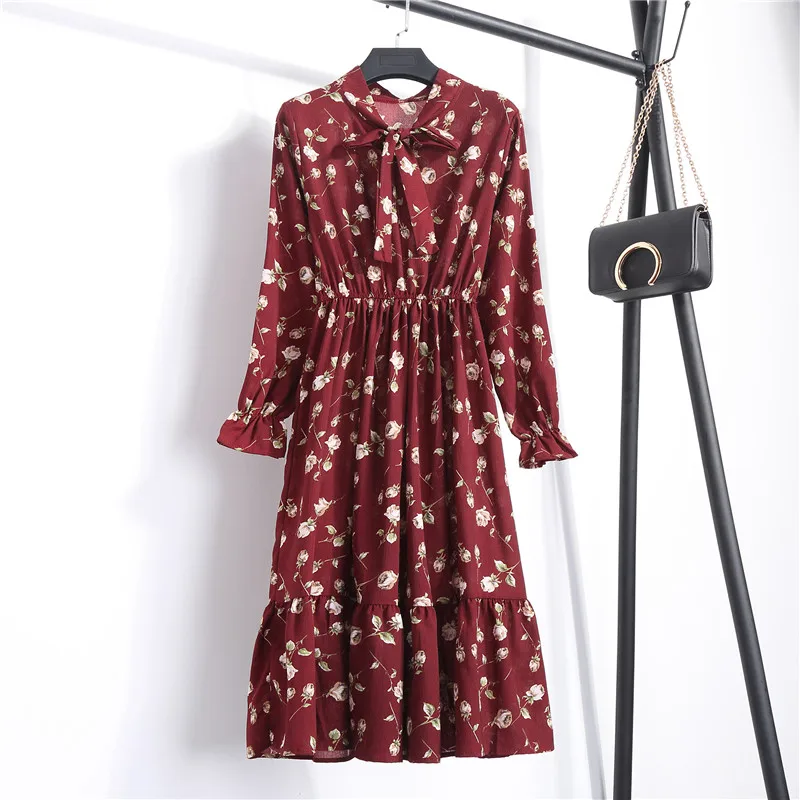 Осеннее женское платье для дам с длинным рукавом в горошек винтажное шифоновое платье-рубашка повседневное Черное Красное зимнее платье миди с цветочным рисунком