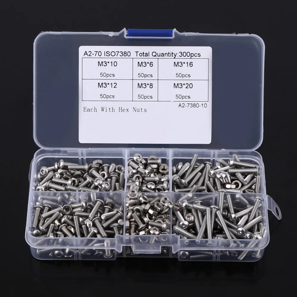 

High Quality 300pcs/Set Screws Kit M3 Stainless Steel Button Head Hex Socket Screws Assortment Kit with Nuts
