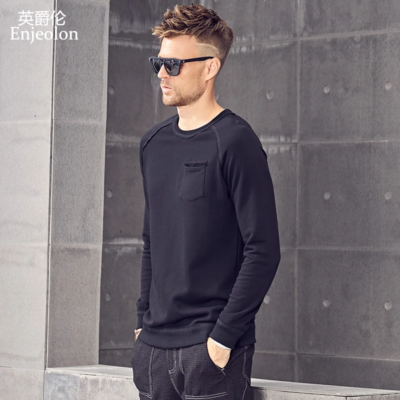 Enjeolon brand Long black Sweatshirt Men fashion o neck pullovers Sweatshirt Men solid pocket Pullover sweatshirts men WY129