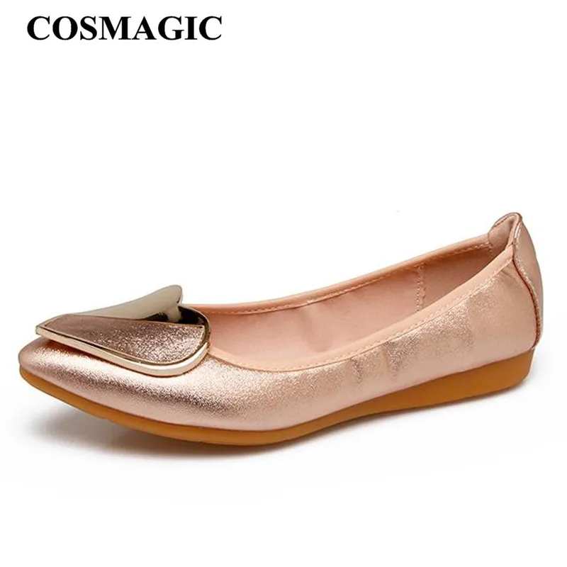 

COSMAGIC 2019 New Women Moccasin Shape of Love Buckle Ballet Flats Shoe Spring Soft Slip on Pointed Toe Folding Shoe Plus Size