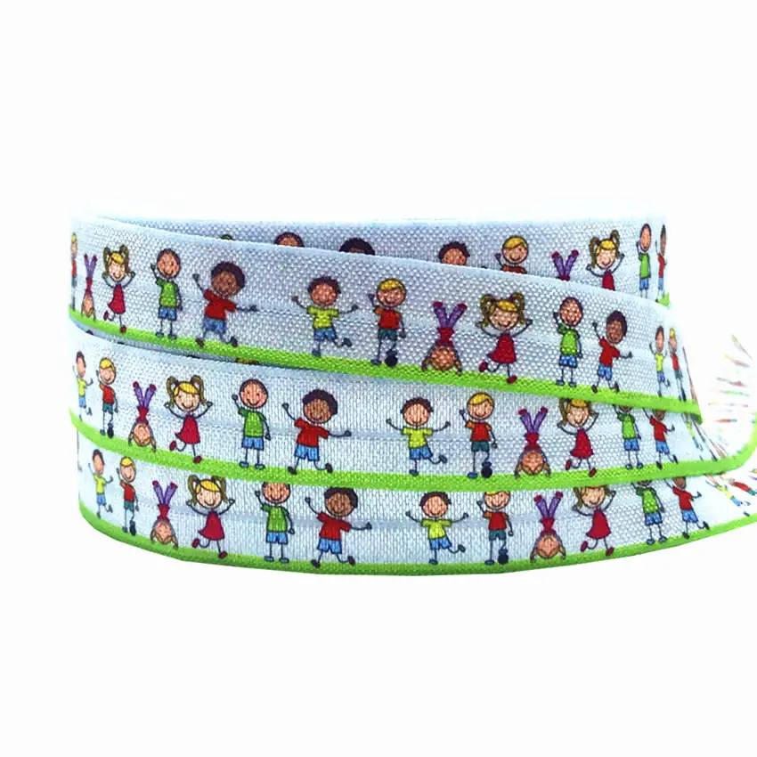 cheap 15mm Kid Print Fold Over Elastic Boy Girl Print FOE Ribbon Diy Home Sewing Bows Party Decoration Gift Wrap material 10 yards