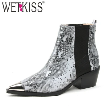 

WETKISS Snake Skin Pu Ankle Boots Women Chelsea Booties Female Pointed Toe Metal Shoes Cuban Heels High Shoes Autumn 2019 New